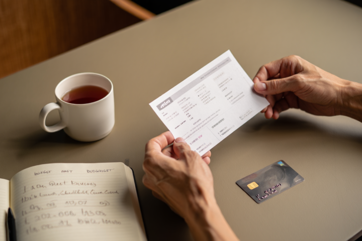 Person reviewing a credit card statement at a kitchen table while deciding whether to pay the balance in full