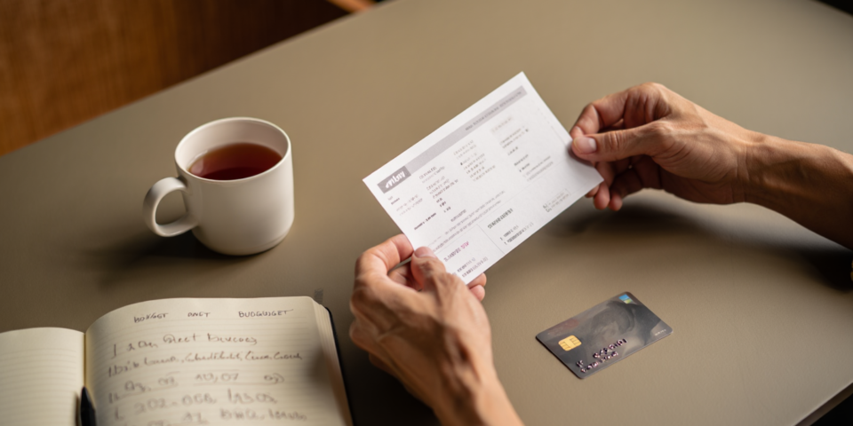 Person reviewing a credit card statement at a kitchen table while deciding whether to pay the balance in full