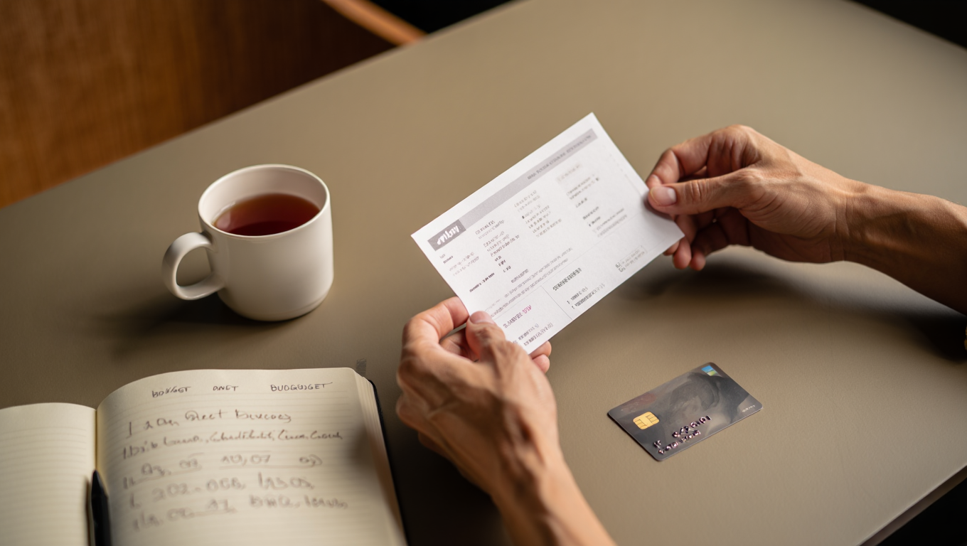 Person reviewing a credit card statement at a kitchen table while deciding whether to pay the balance in full