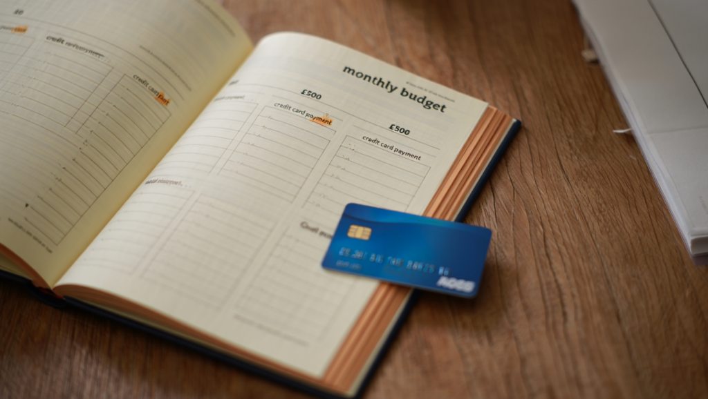 Monthly household budget showing ongoing credit card minimum payments affecting cash flow.