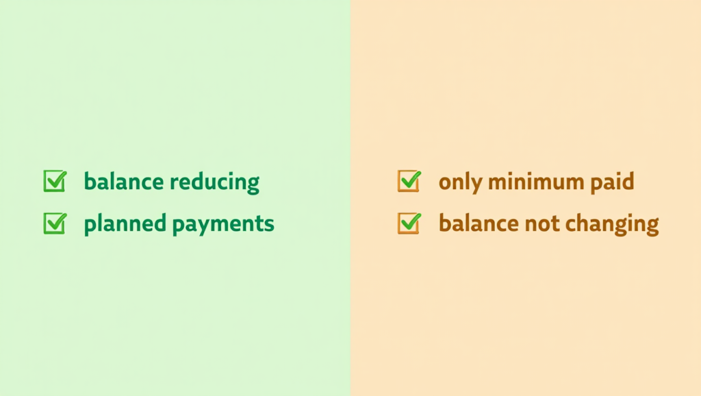 Credit Cards and Debt Explained for UK Families 3 Visual comparison of manageable credit card debt versus warning signs of problem debt.