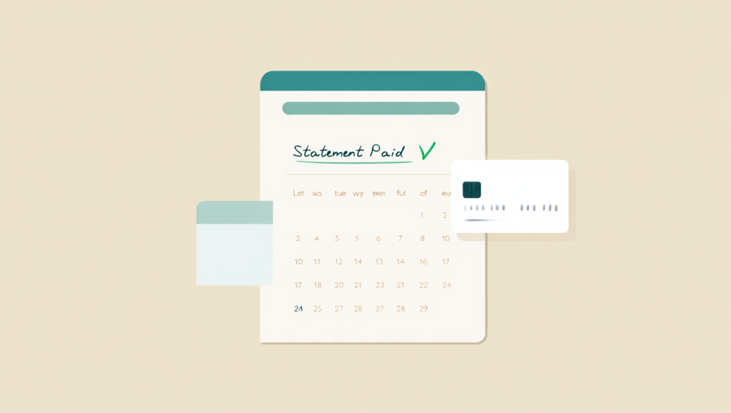 Calendar and credit card showing a completed monthly payment paid in full.
