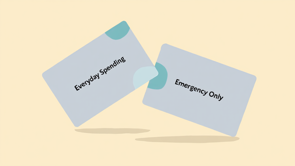 Two credit cards shown with clear purposes for everyday spending and emergencies.