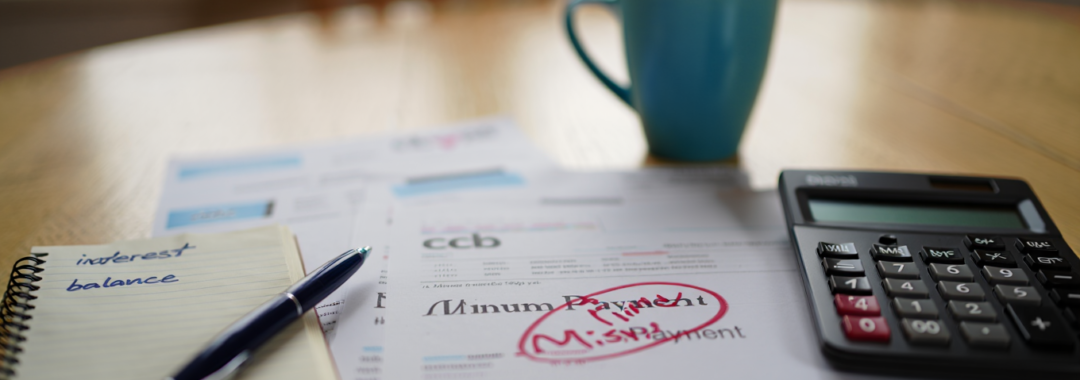 Credit card statement highlighting a minimum payment while reviewing household finances at home.