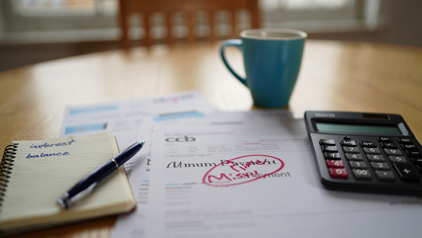 Credit card statement highlighting a minimum payment while reviewing household finances at home.