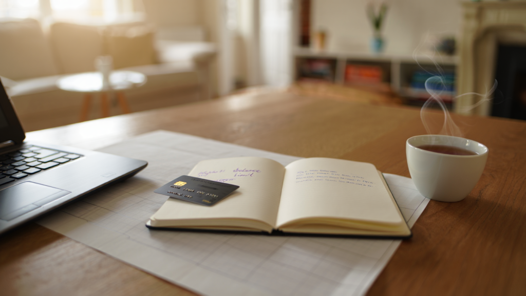 Credit card utilisation reviewed as part of a household budget to maintain financial control.