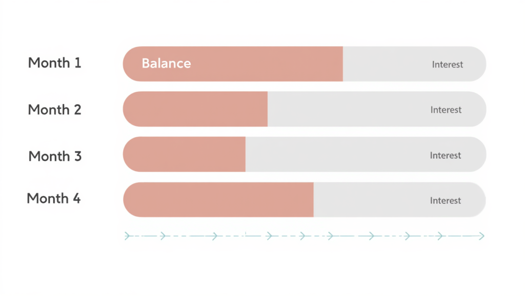 Illustration showing how minimum credit card payments reduce balances very slowly due to interest. Paying the Minimum on a Credit Card, What Really Happens in the UK