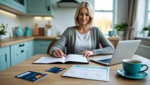 UK family reviewing credit cards and household debt together at a kitchen table.