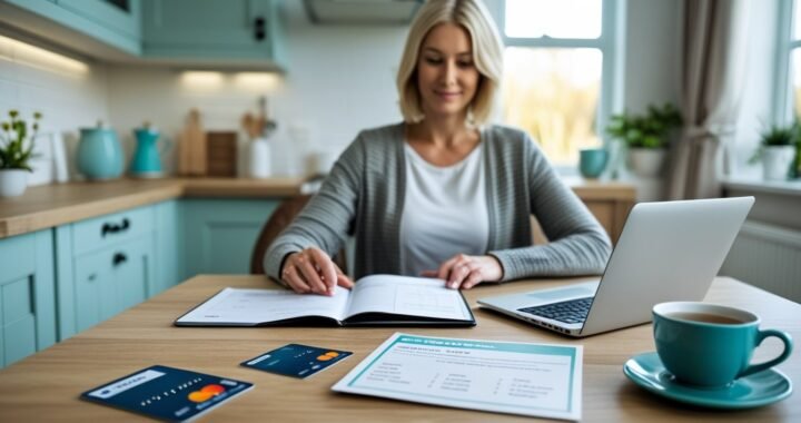 UK family reviewing credit cards and household debt together at a kitchen table.