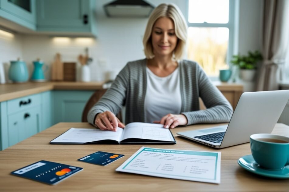 UK family reviewing credit cards and household debt together at a kitchen table.