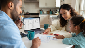 Family calculating monthly household income for a family budget in the UK