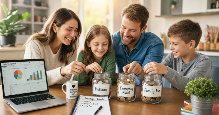 British family creating a household savings plan together with savings jars and a family budget at their kitchen table.