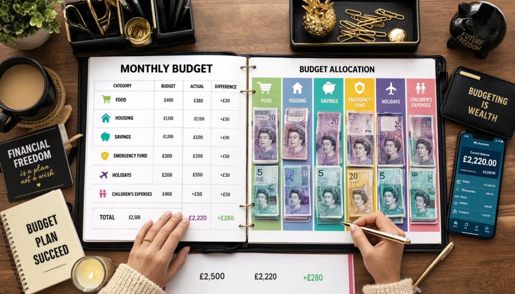 British family navigating major household expenses including housing, food, childcare, energy bills and savings goals.