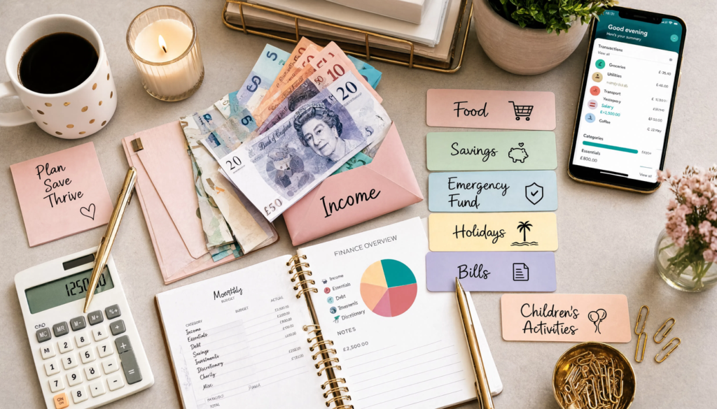 Family budgeting planner showing money allocated to savings, food, bills, holidays and emergency funds.