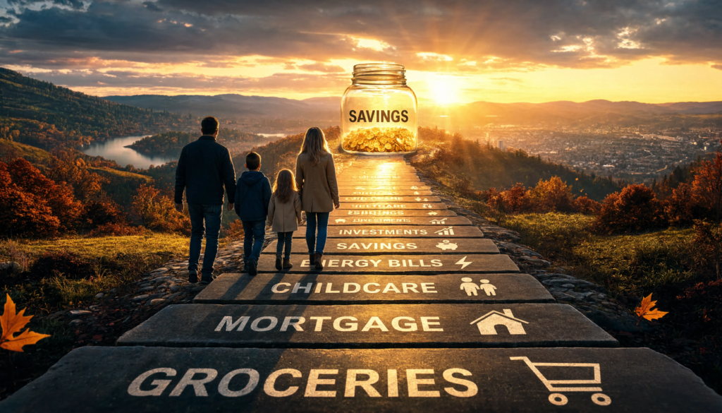 British family walking towards financial freedom surrounded by symbols of savings, budgeting and household expenses.