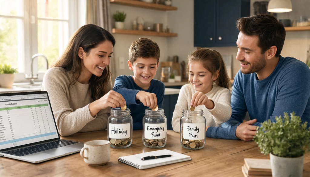 British family creating a household savings plan together with savings jars and a family budget at their kitchen table.Saving Money for Families