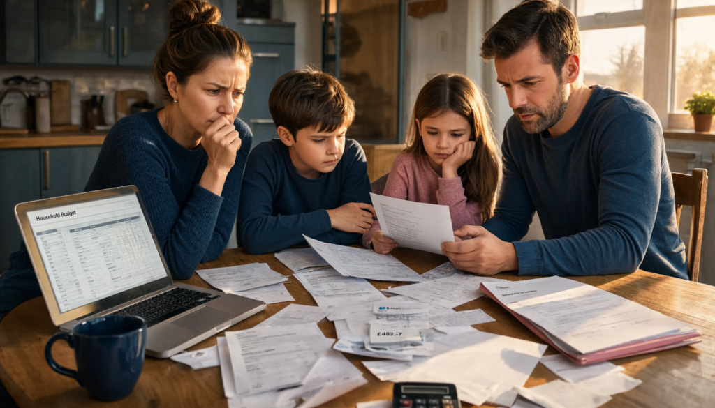 British family of four sitting around a kitchen table covered with household bills
