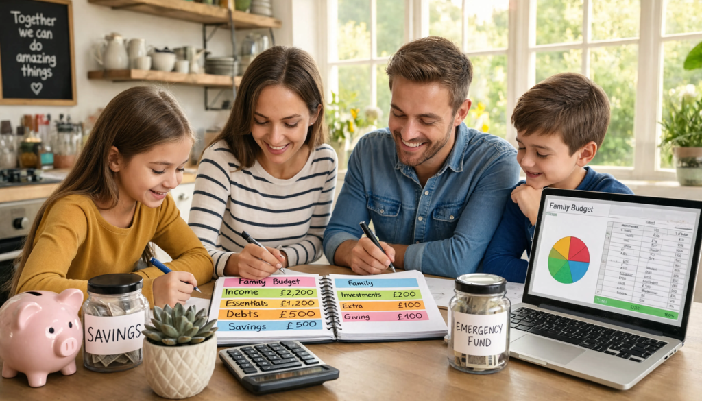 British family reviewing household bills, budget planner and expenses together at a kitchen table in a modern UK home.