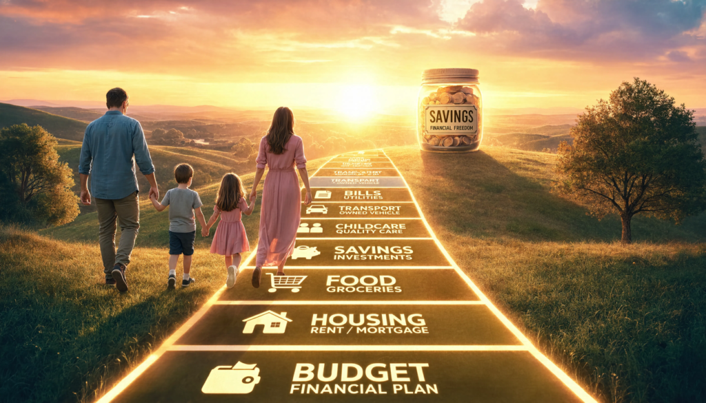 Family Budget - Visual representation of family household expenses showing money allocated to housing, food, childcare, transport, bills and savings. family budget UK
