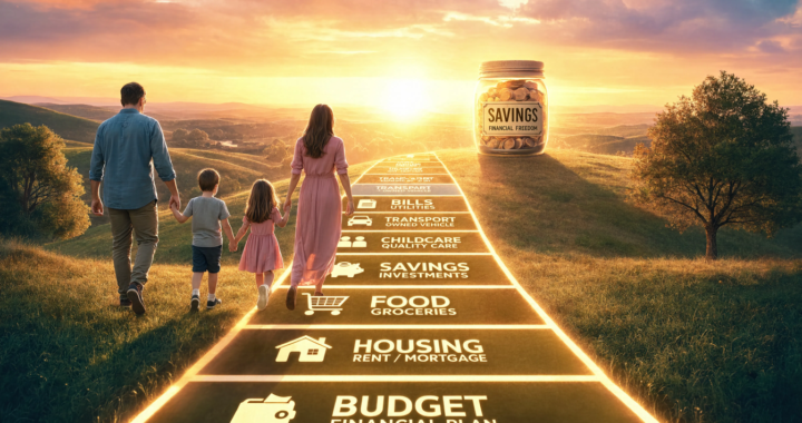 Family Budget - Visual representation of family household expenses showing money allocated to housing, food, childcare, transport, bills and savings. family budget UK