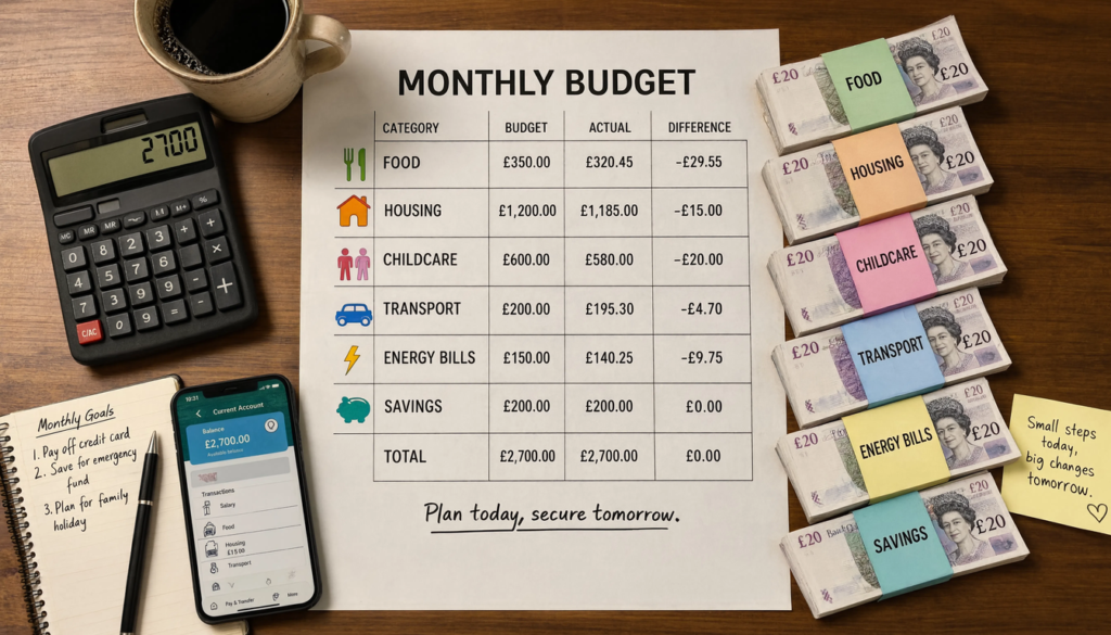 top-down view of a family costs budget table, piles of cash flowing into different categories labelled food, housing, childcare, transport, energy bills and savings
